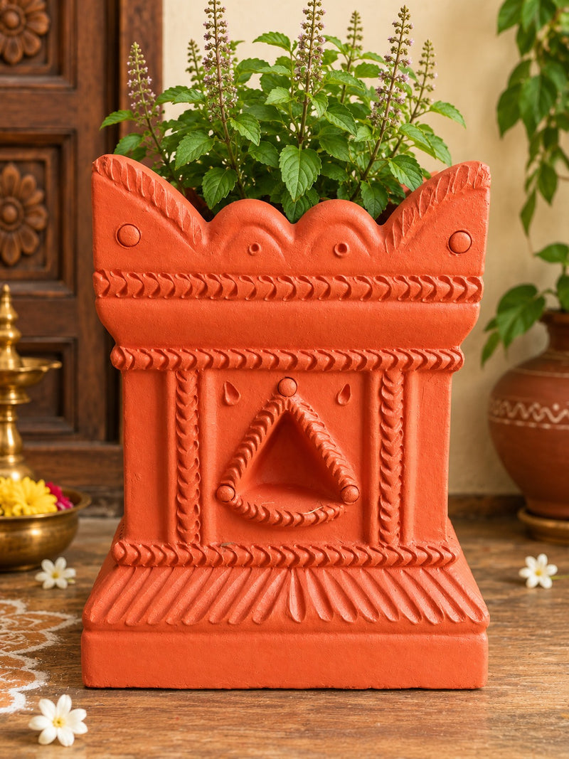 Royal Traditional Terracotta Thulasi Pot | Handmade Decorative Tulasi Maadam Planter for Home & Pooja Room - 10 inches