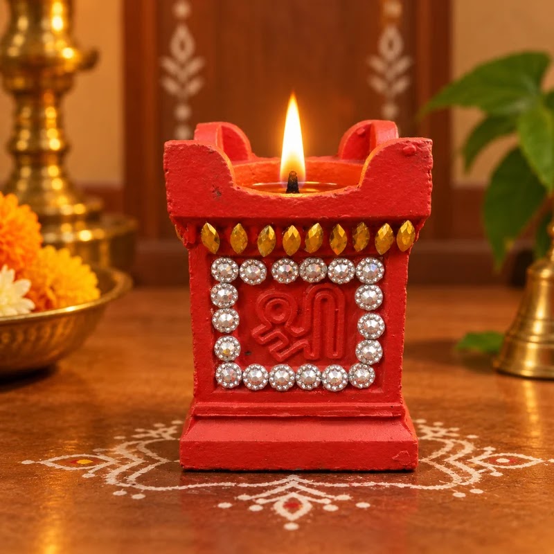 Royal Traditional Terracotta Stone Work Thulasi Maada Vilakku | Handmade Pooja Lamp Stand for Home & Temple - 2 inches
