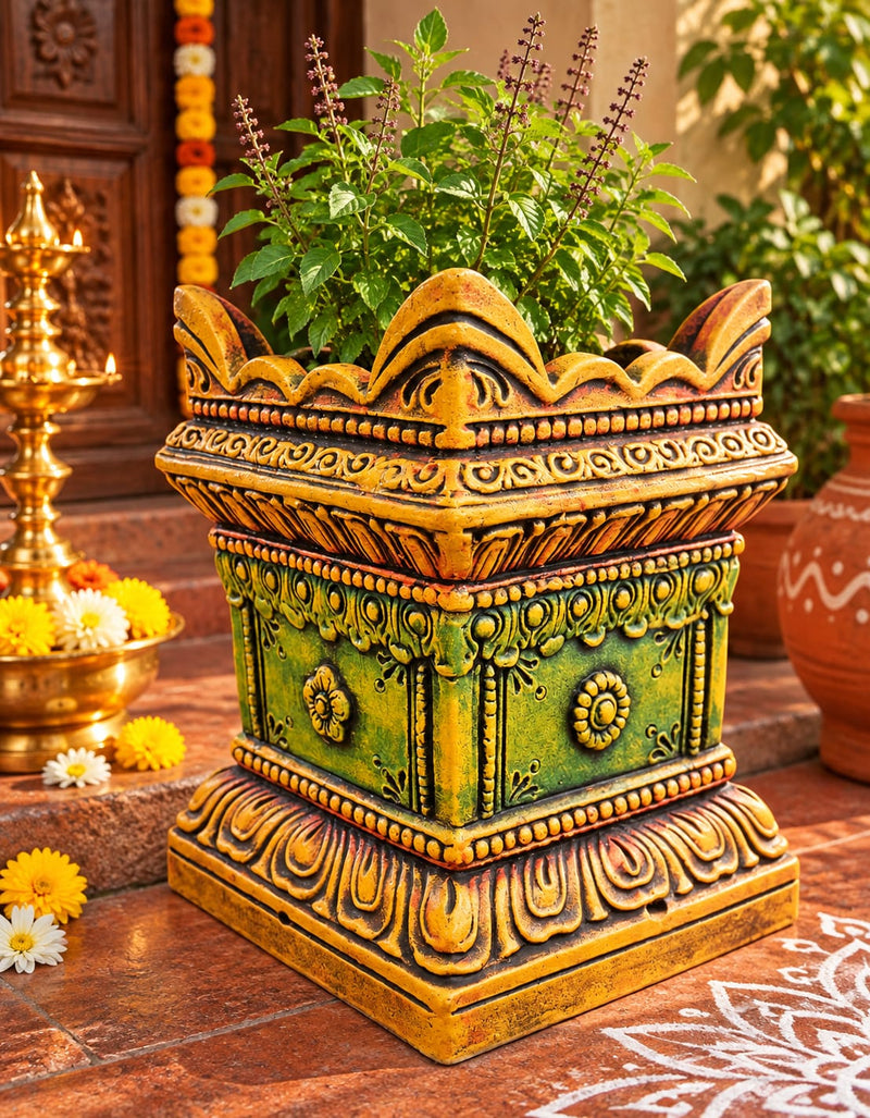 Multicolor Royal Traditional Terracotta Thulasi Maadam | Traditional Handmade Tulsi Brindavan | Divine Pooja Home Décor - 15 inches