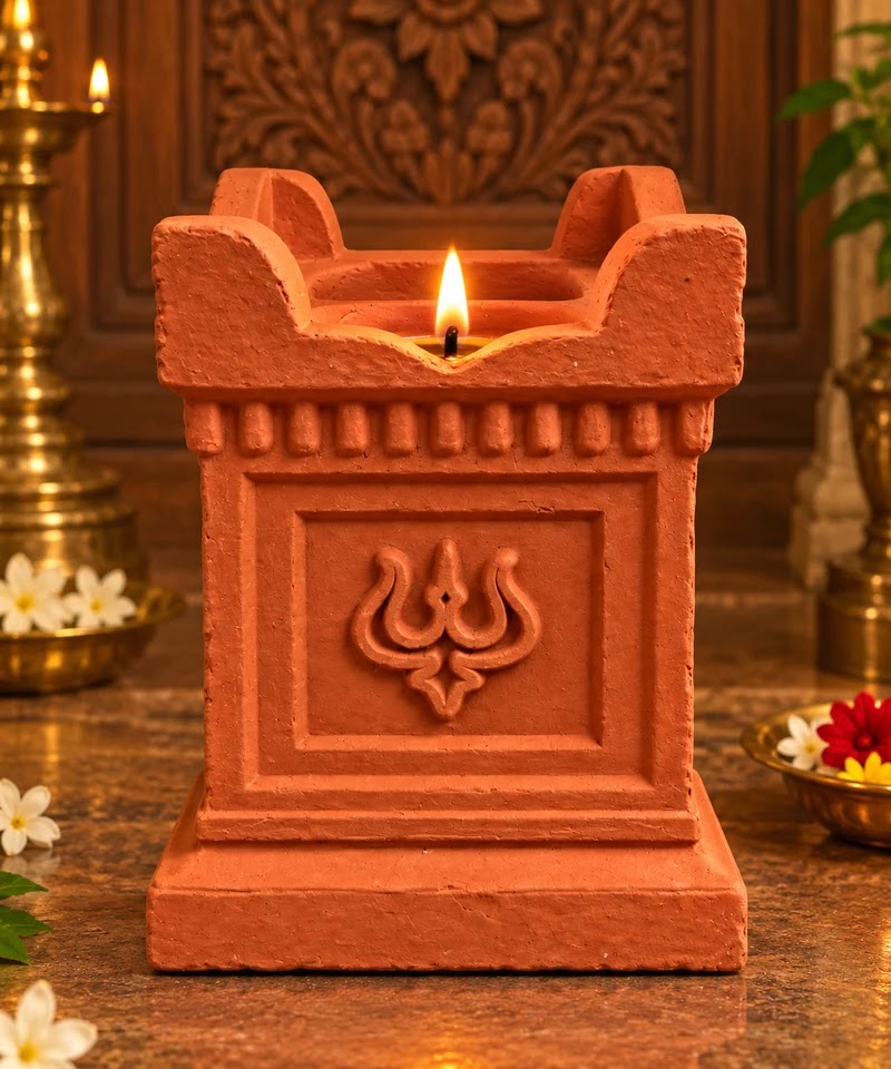 Royal Traditional Terracotta Thulasi Maada Vilakku | Handmade Temple Style Pooja Oil Lamp for Home Décor