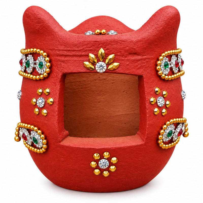 Royal Traditional Terracotta Stone Work Tiny Stove | Handmade Clay Cooking Stove | Ethnic Indian Kitchen Décor