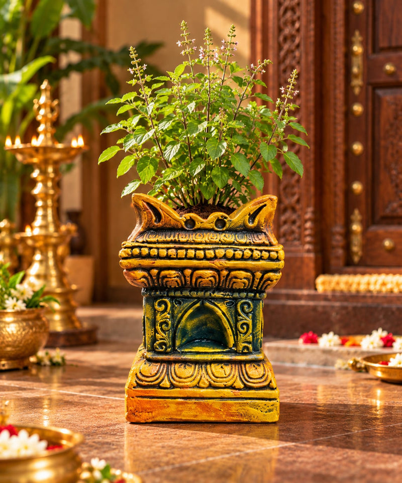 Multicolor Royal Traditional Terracotta Thulasi Maadam | Traditional Handmade Tulsi Brindavan | Divine Pooja Home Décor - 9 inches