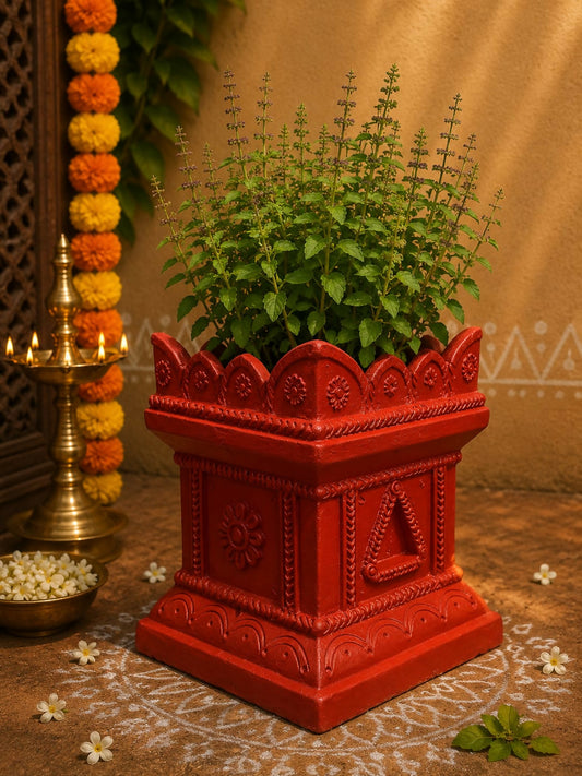 Terracotta Gardening Brindavan Tulasi Pot with Drainage Hole at Bottom – 14 Inch (Terracotta Color) | Handmade Traditional Tulsi Planter