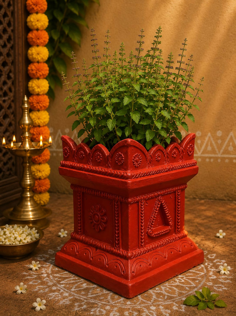 Terracotta Gardening Brindavan Tulasi Pot with Drainage Hole at Bottom – 14 Inch (Terracotta Color) | Handmade Traditional Tulsi Planter