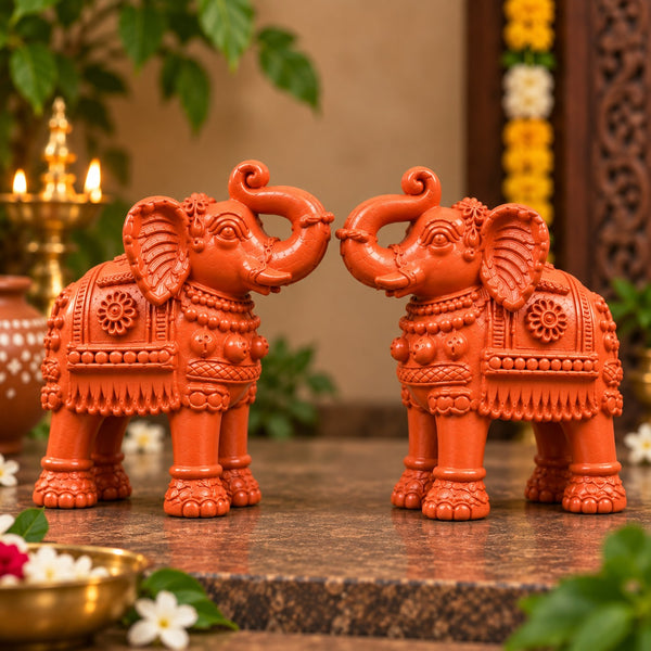 Royal Luxury Terracotta Elephant Pair Showpiece | Traditional Handmade Indian Elephant Statue | Premium Home Décor - 10 inches