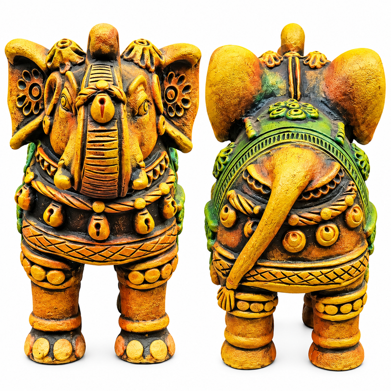 Royal Handmade Multi Color Terracotta Elephant Pair Showpiece | Traditional Indian Elephant Statue | Green & Yellow Luxury Home Décor - 10 inch