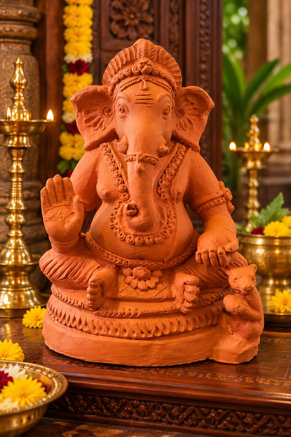 Handcrafted Terracotta Ganesha Idol – Traditional Eco-Friendly Clay Ganesh Statue for Home & Pooja Decor - Terracotta color 15 inches