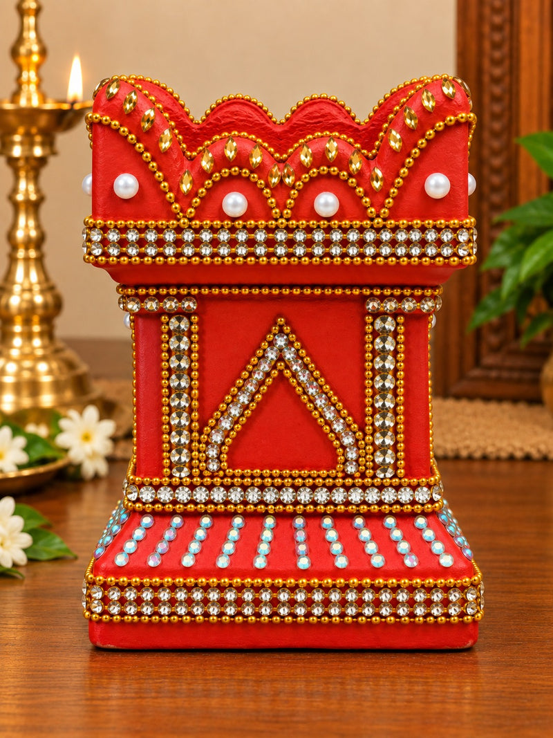 Royal Stone Work Thulasi Pot Showpiece | Traditional Handmade Terracotta Thulasi Maadam | Decorative Pooja Home Décor - 6 inches