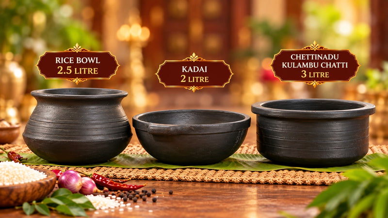 Royal Terracotta Handmade Cookware – 2.5 Litres Rice Bowl, 2 Litres Kadai & 3 Litres Chettinadu Kulambu Chatti